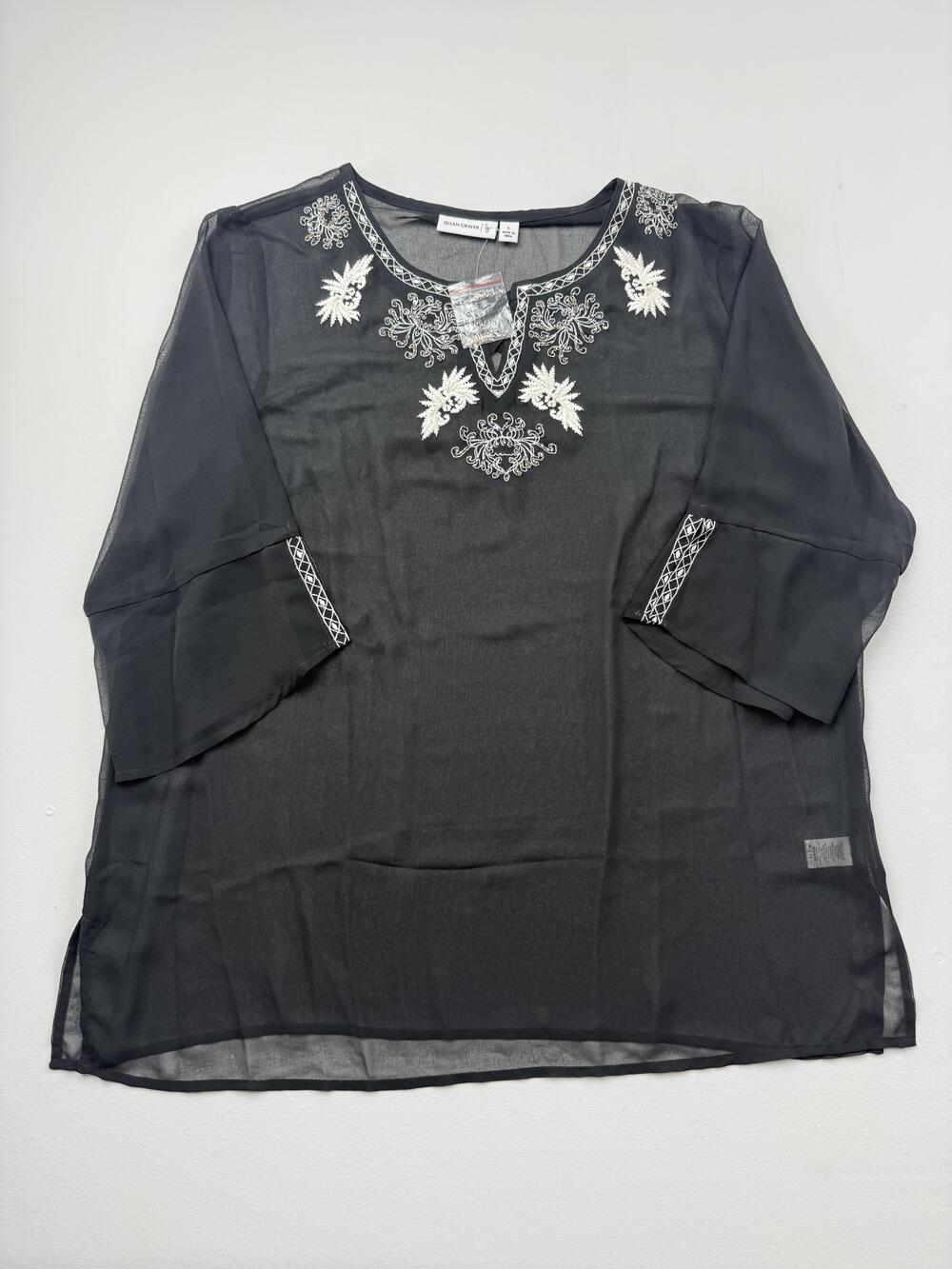 Susan Graver Blouse Womens L Black V Neck 3/4 Sleeve Embroidered Tunic Top Sheer